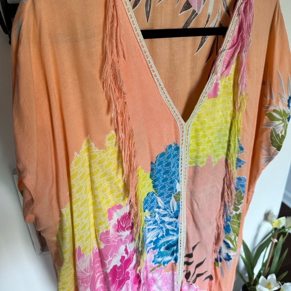 🎯 Floral Multicolor Kaftan Fringe Beach Coverup 100% viscose - Picture 2 of 7